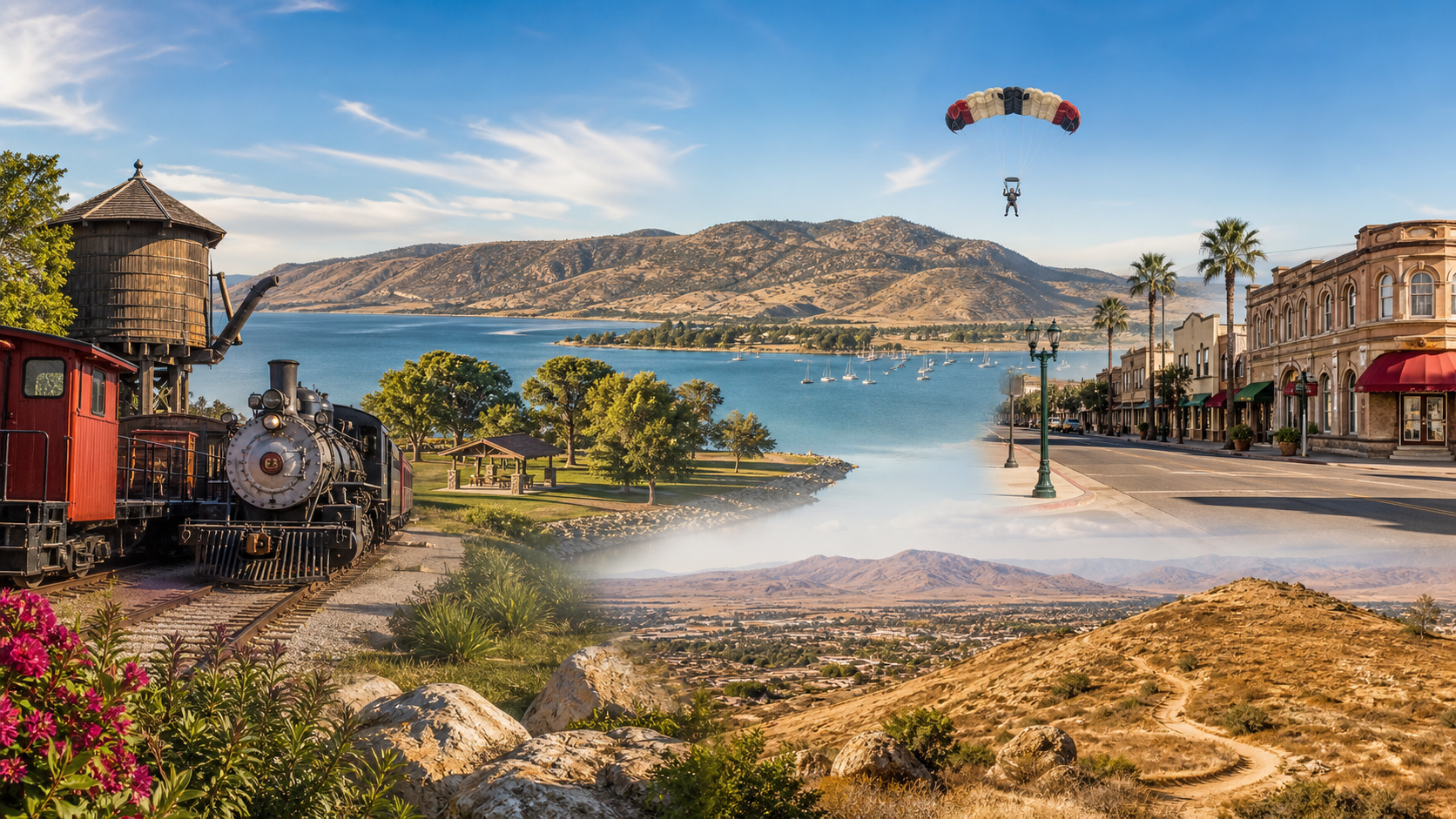 Illustrated Perris, California landmarks with Lake Perris, railway history, and skydiving