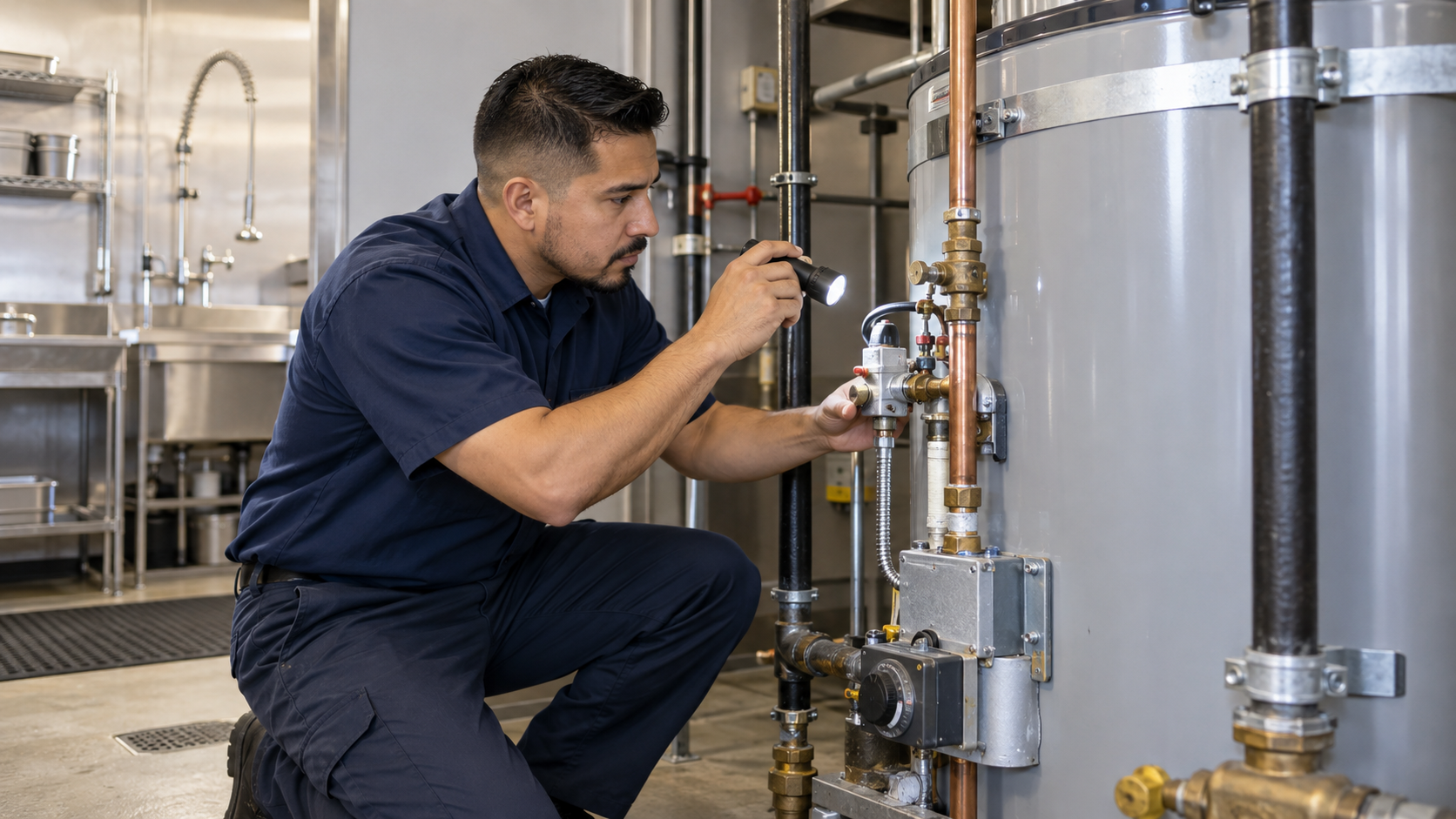 Plumber inspecting commercial water heater connections at a Riverside business