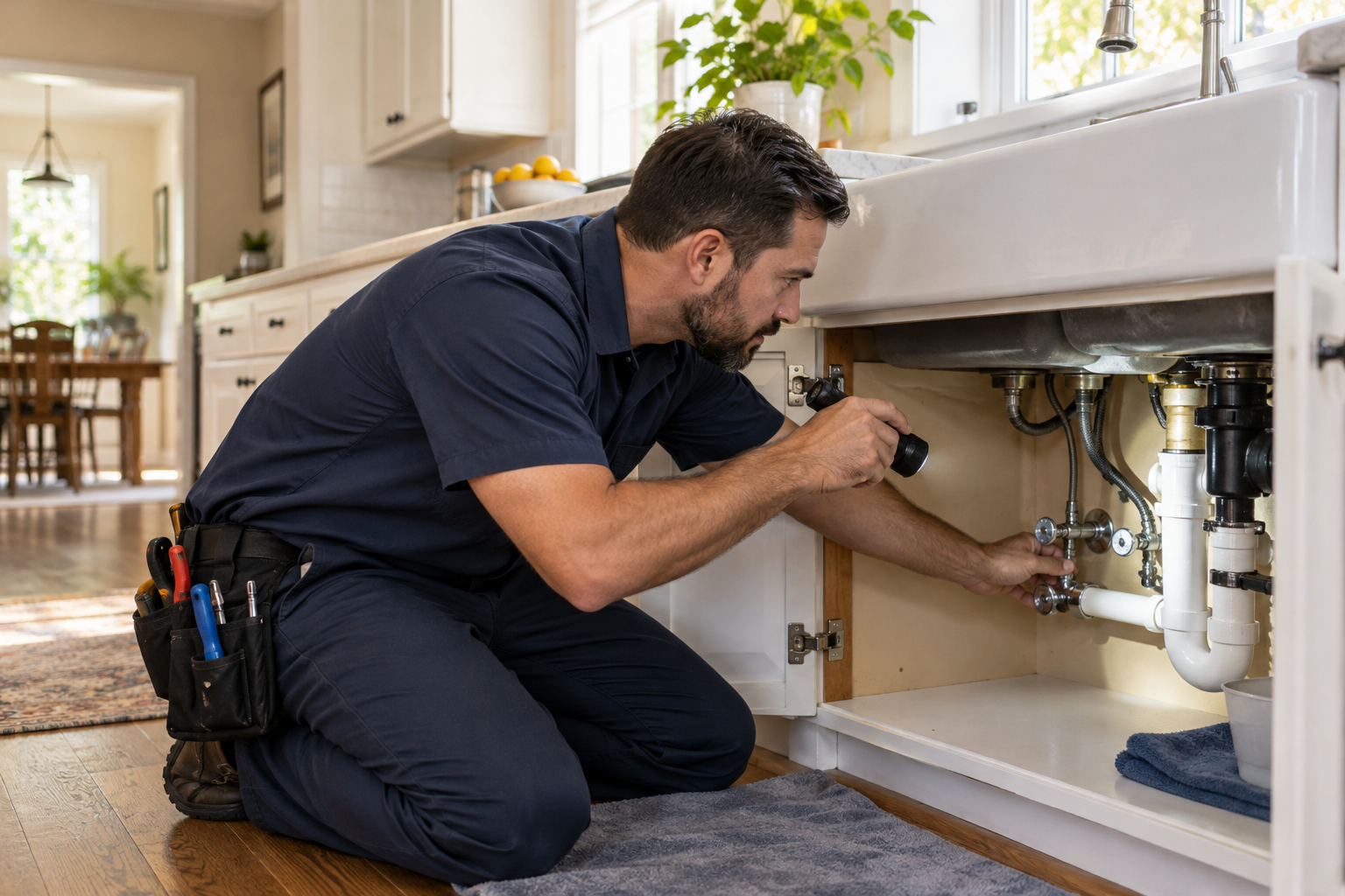 Plumber inspecting kitchen sink pipes and shutoff valves in a Riverside home